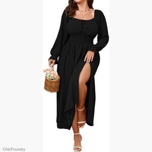 Plus Size Long Sleeve Smocked Maxi Dress Tie Front Square Neck A-Line